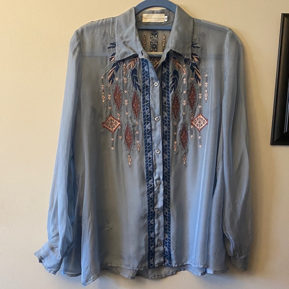 4 Love and Liberty silk embroidered button down blouse